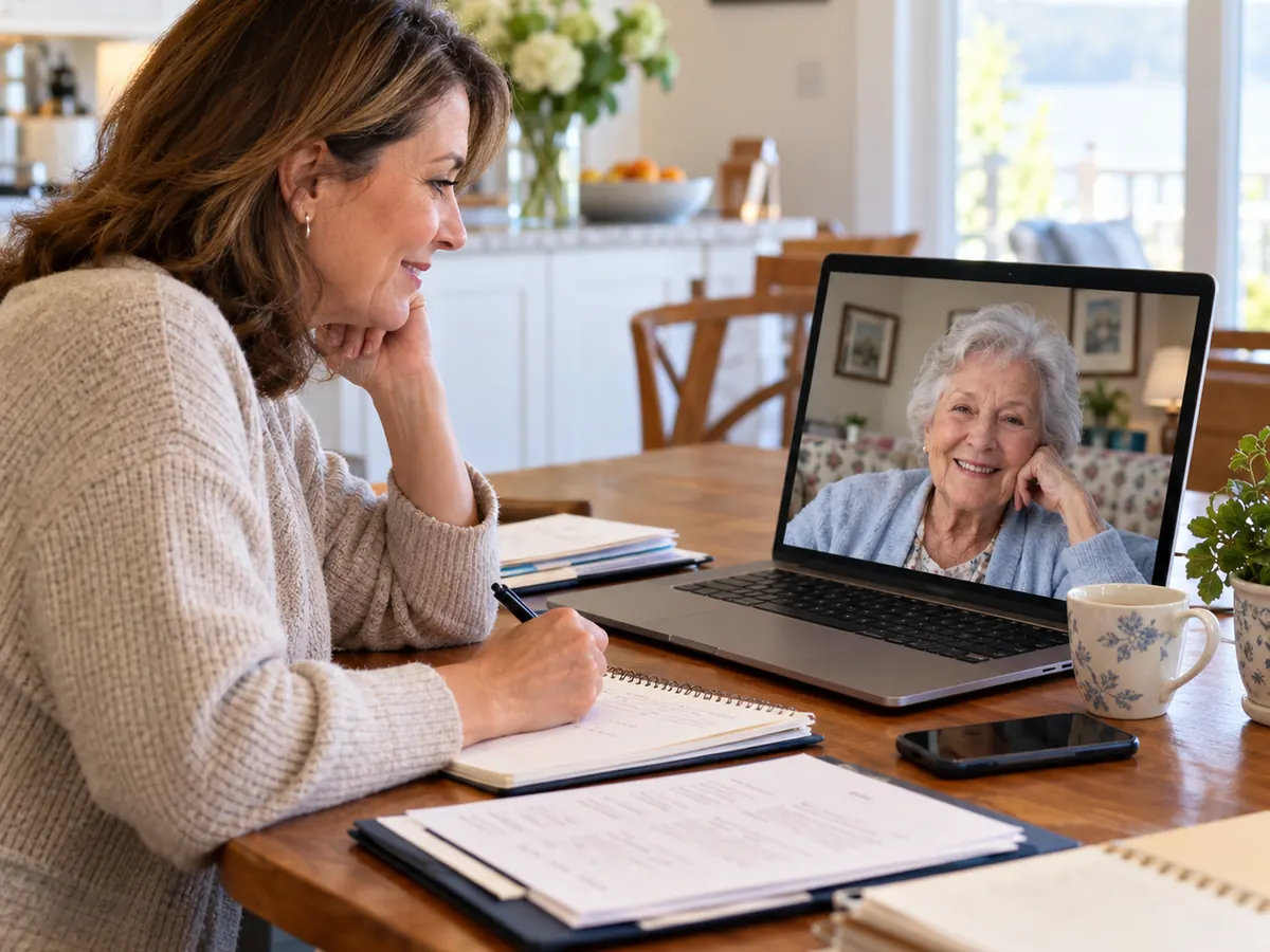 Adult daughter coordinating care for her aging mother by video call from another state